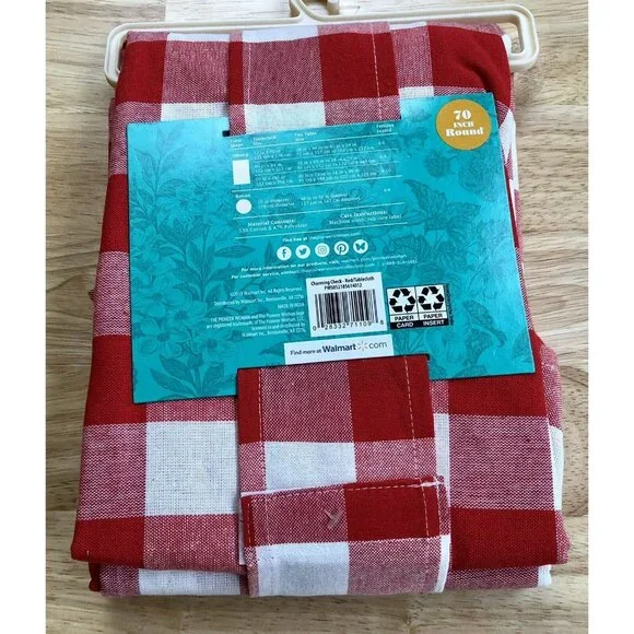 Pioneer Woman Charming Check Tablecloth 70 Inches Round Red White Picnic Country